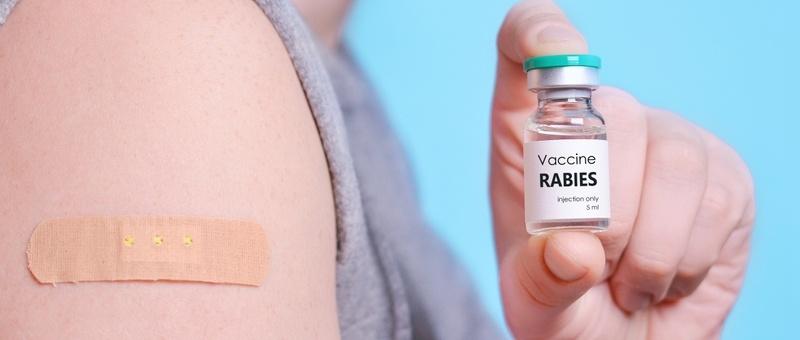 Side view of man holding rabies jab vaccine bottle with t-shirt sleeve rolled up revealing vaccine plaster.